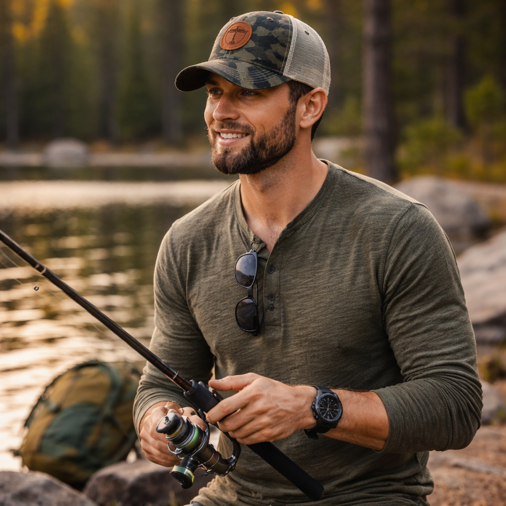 Camo Mesh Back Trucker Hat with Leather Patch