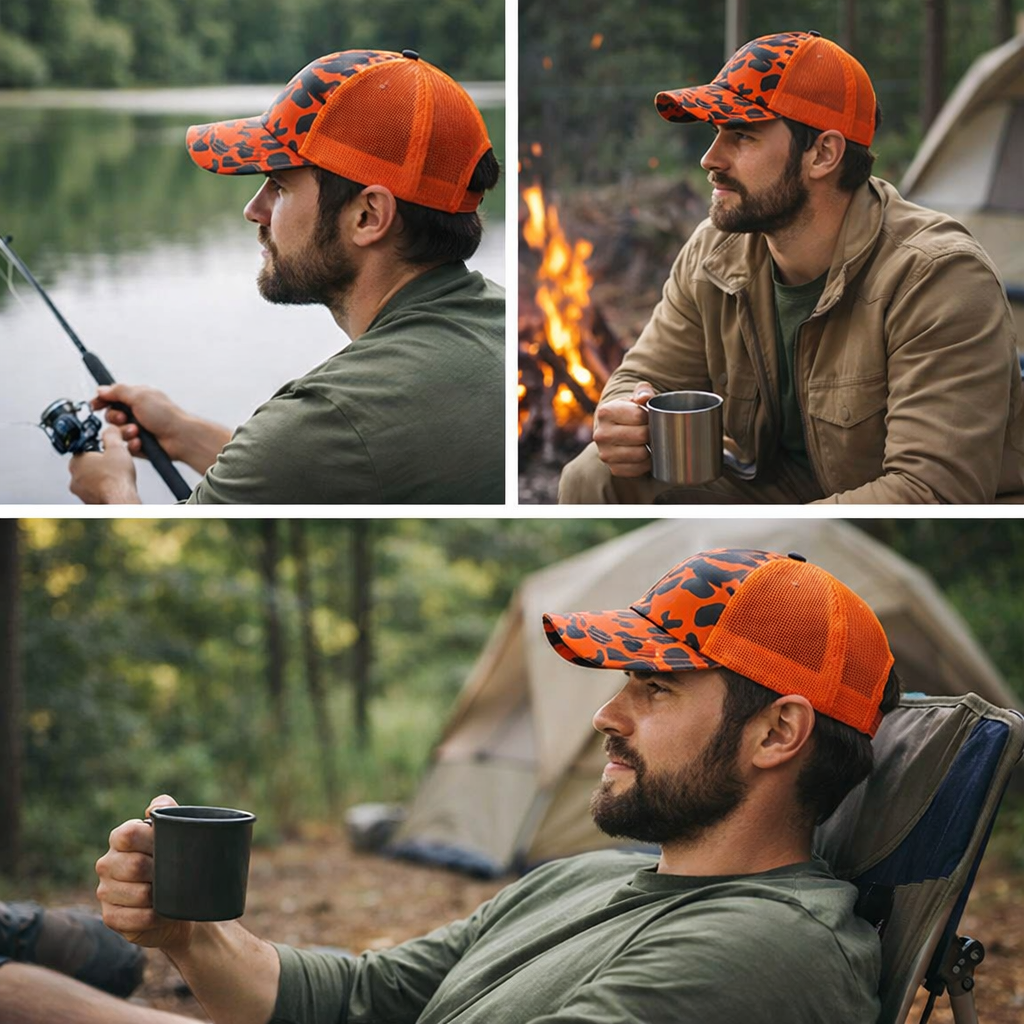 Hi-Vis Orange Camo Mesh Trucker Cap – Adjustable Breathable Snapback Hat