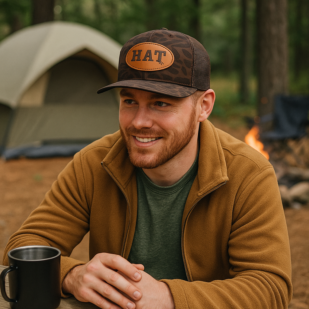 Leopard Camo Trucker Hat with Custom Leather Patch and Mesh Back