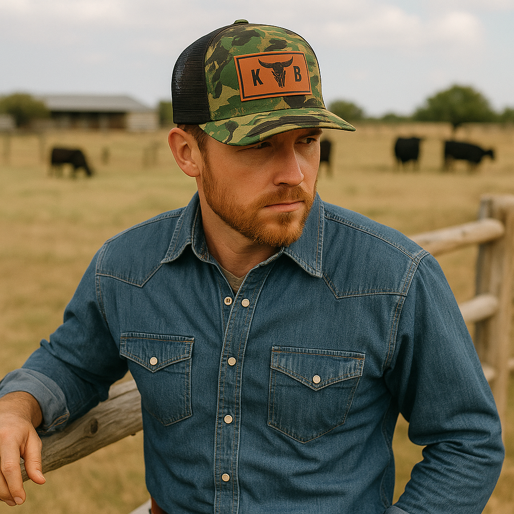Bull Head Leather Patch Camo Trucker Hat with Mesh Back
