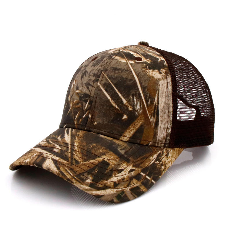 Camo Print Trucker Hat with Mesh Back and Leather Patch