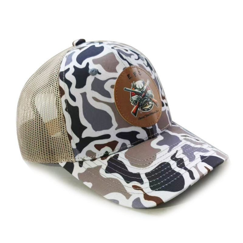 Multicolor Camo Trucker Hat with Round Leather Patch – Outdoor Hunting Cap