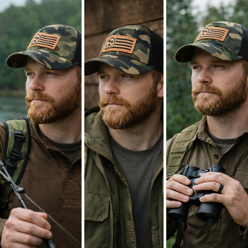 Camo Mesh Trucker Hat with Leather Flag Patch – Outdoor Adventure Cap