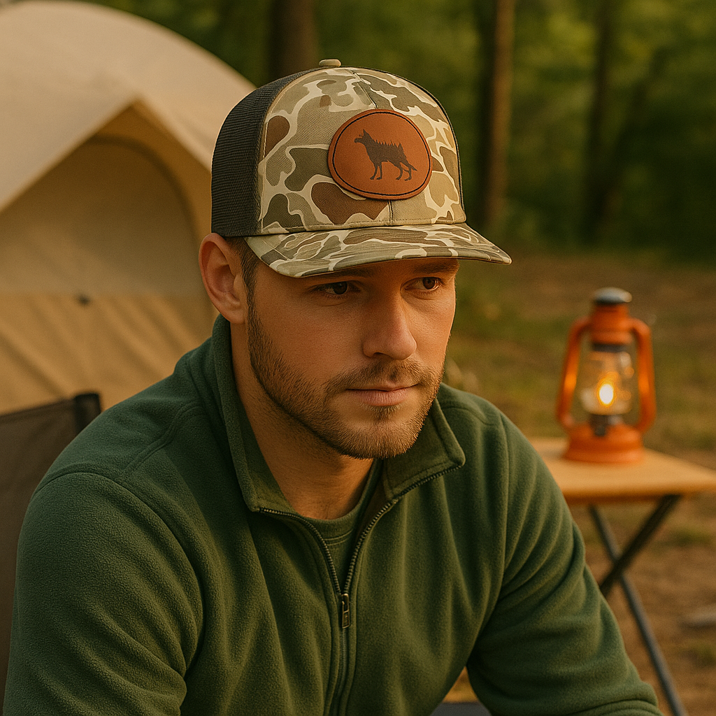 Camo Trucker Cap with Wolf Forest Leather Patch – Outdoor Adventure Hat