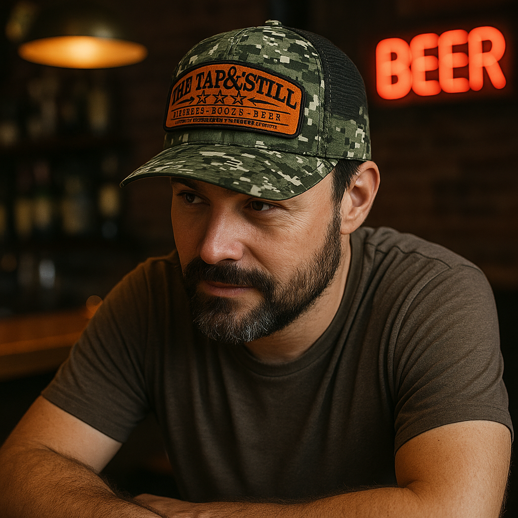 The Tap & Still Camo Trucker Cap with Custom Leather Patch