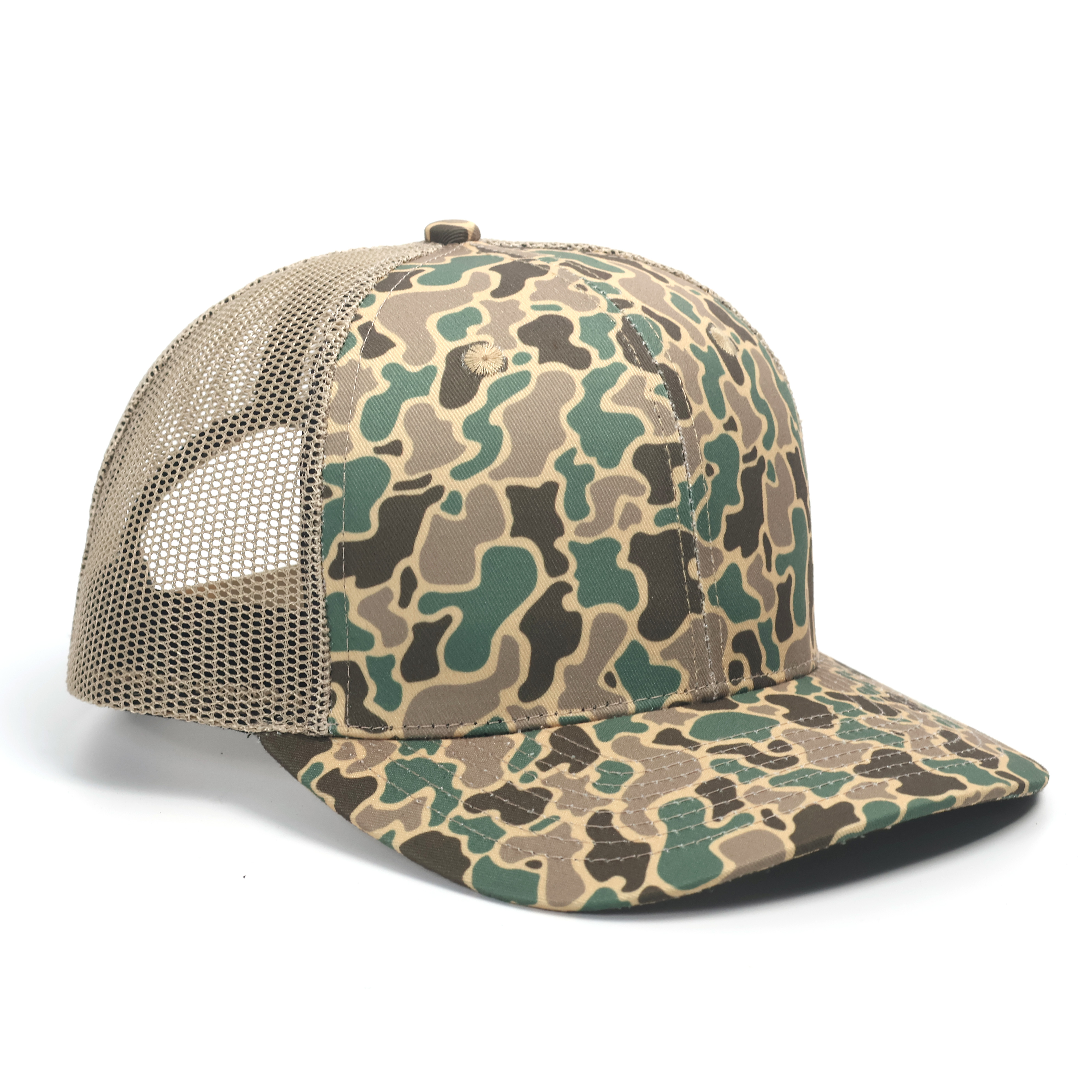 Duck Camo Mesh Back Trucker Hat – All-Over Print Flat Brim Cap