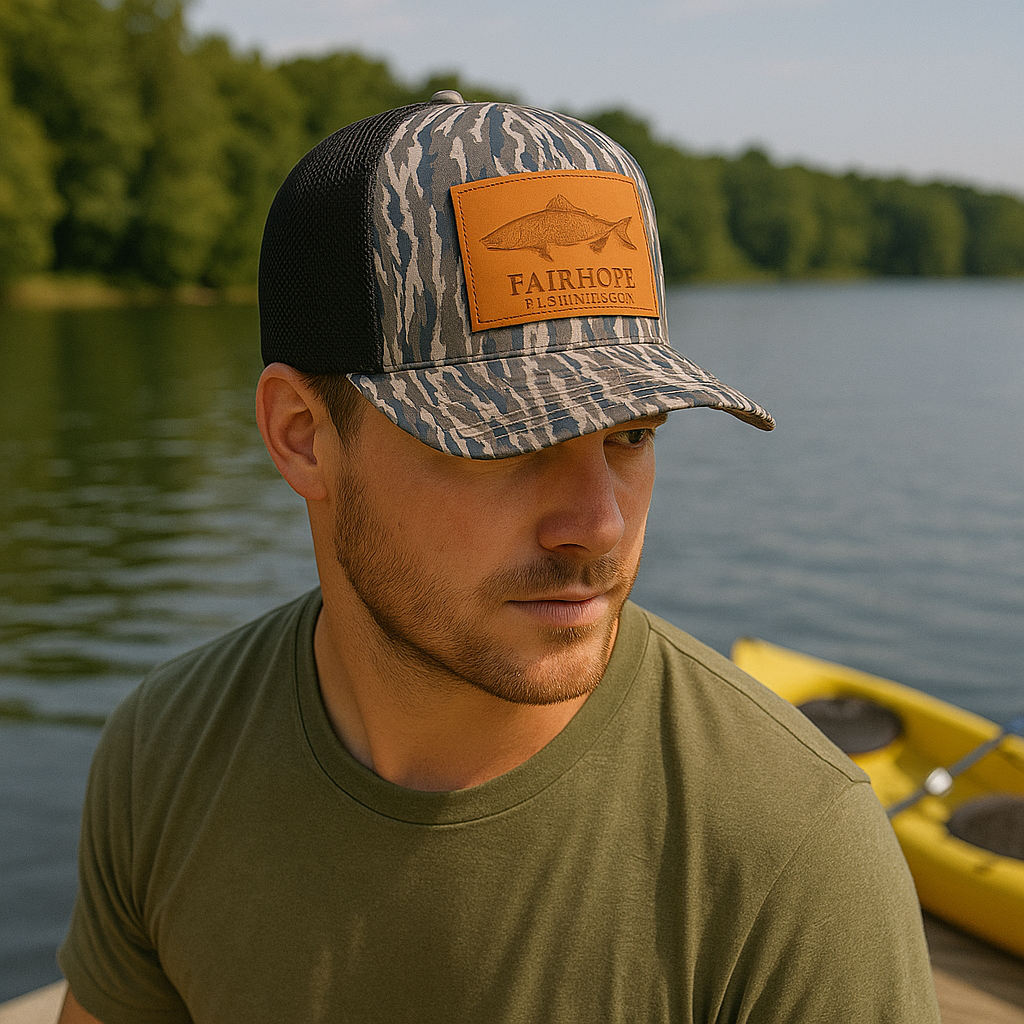Fairhope Fish House Camo Trucker Hat with Leather Patch
