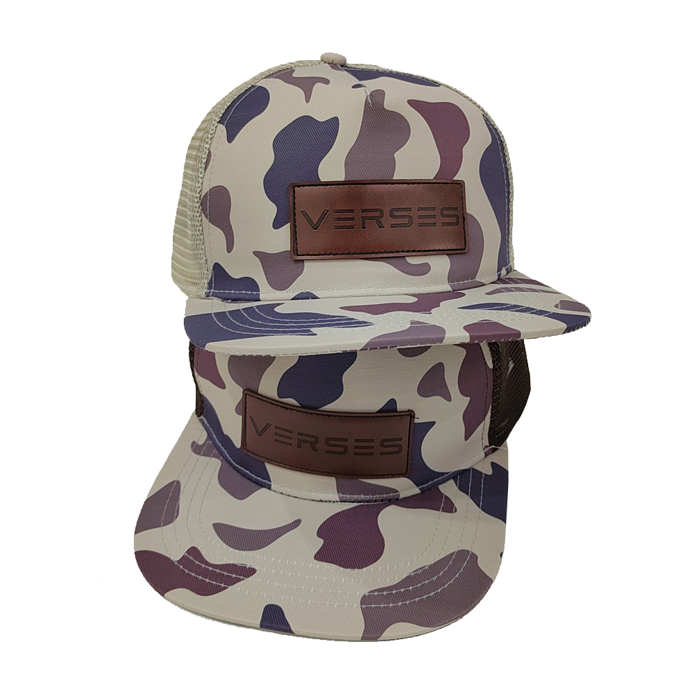 Purple Camo Mesh Trucker Hat with Leather Patch