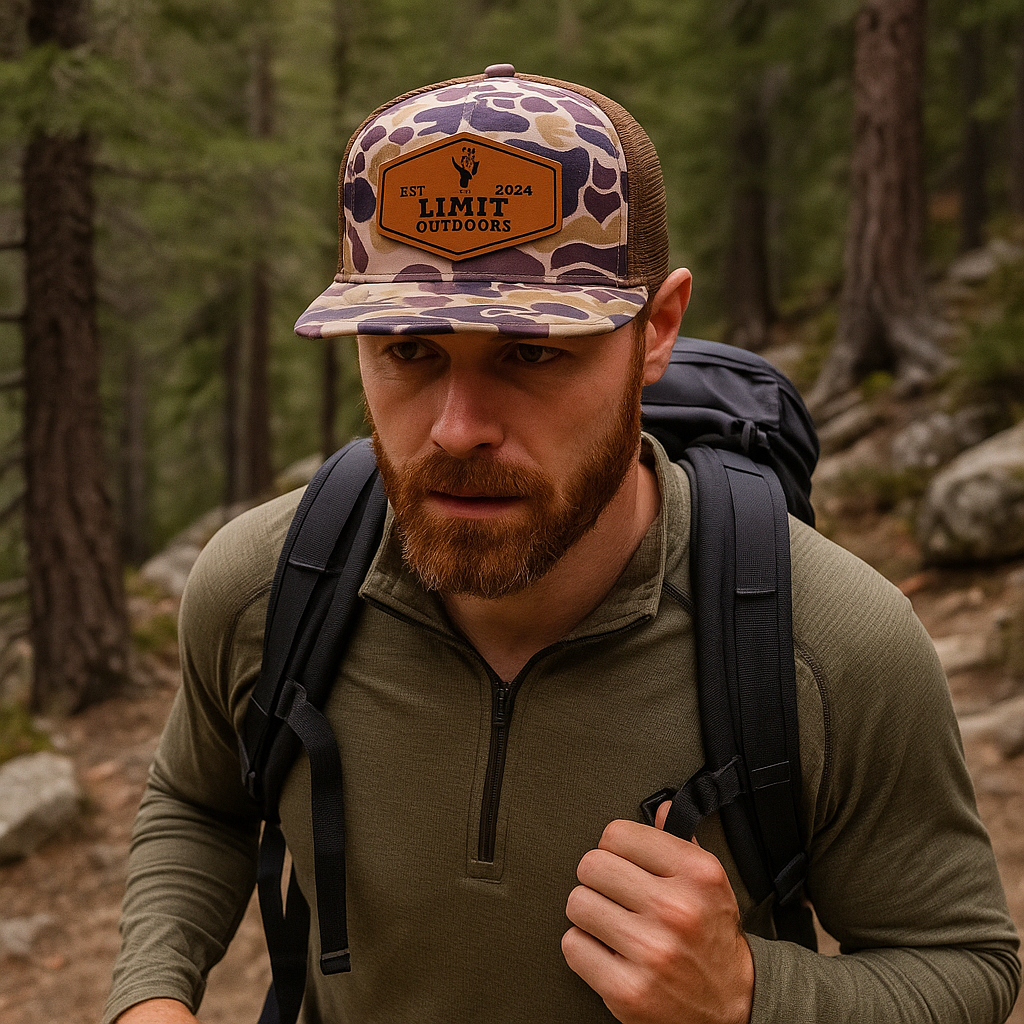 LIMIT OUTDOORS Camo Flat Brim Trucker Cap with Leather Patch – 2024 Edition
