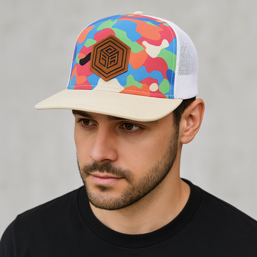 Color Camo Trucker Hat with Hexagon Leather Patch and White Mesh Back