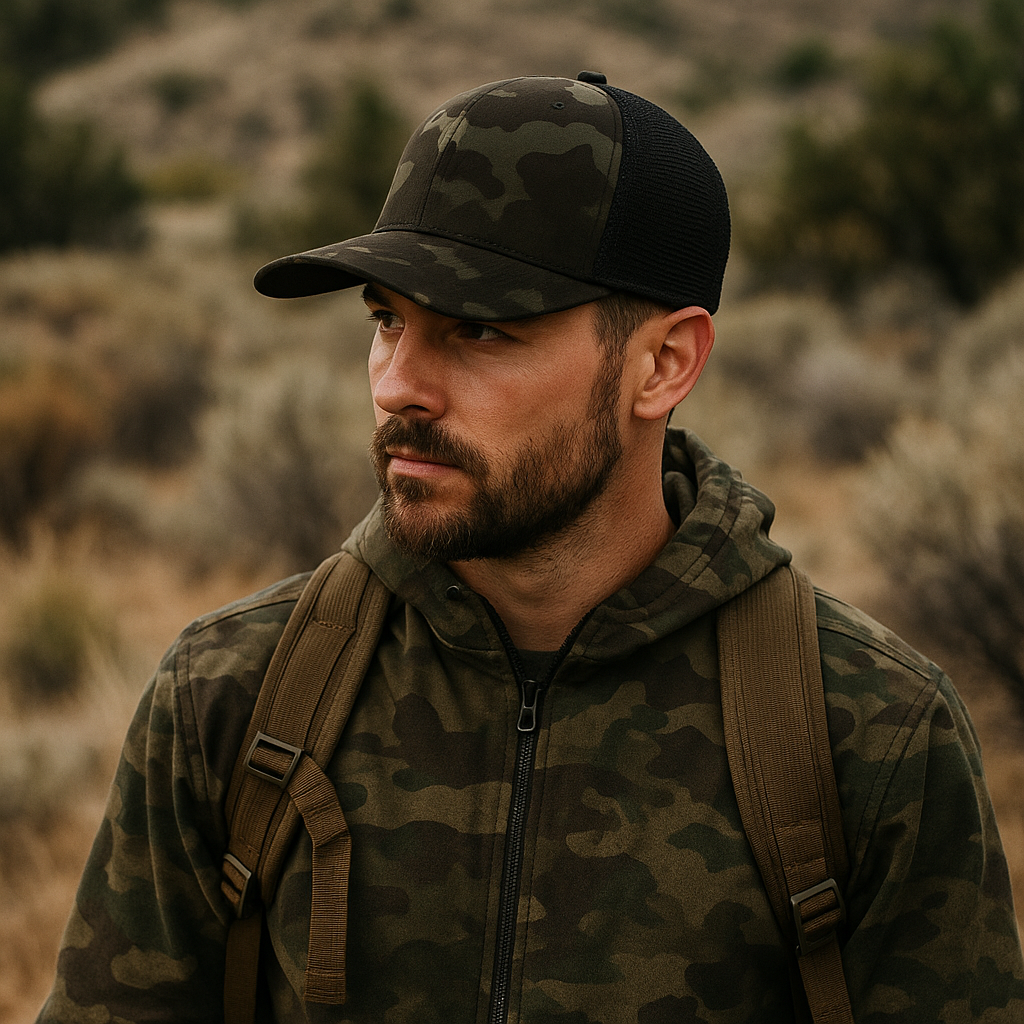 Camo Mesh Trucker Hat with Leather Patch – Adjustable Outdoor Hunting Cap