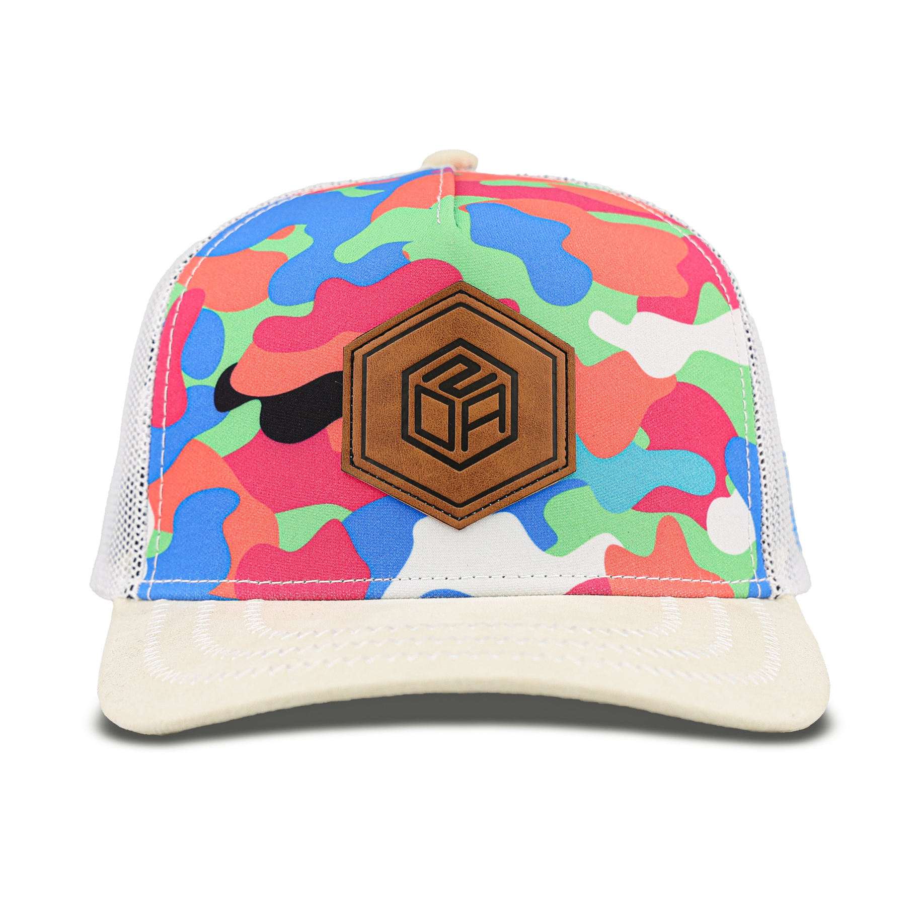 Color Camo Trucker Hat with Hexagon Leather Patch and White Mesh Back