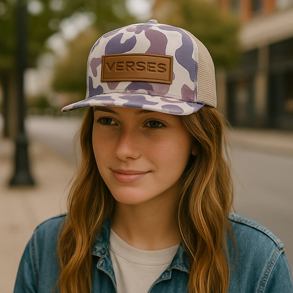 Purple Camo Mesh Trucker Hat with Leather Patch