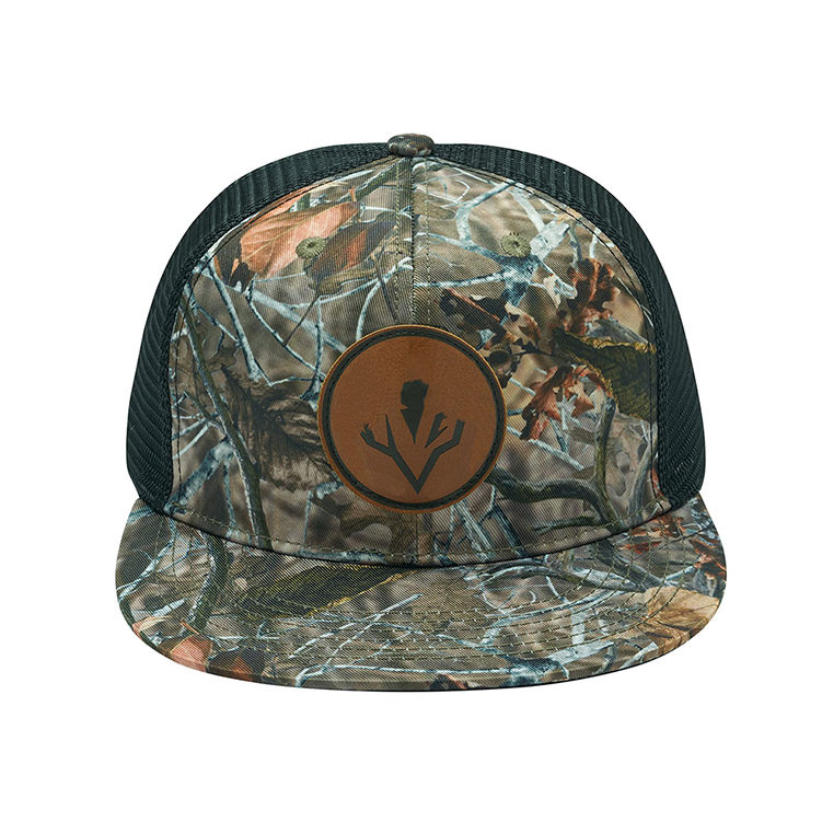 Camo Mesh Trucker Hat with Leather Patch and Flat Brim