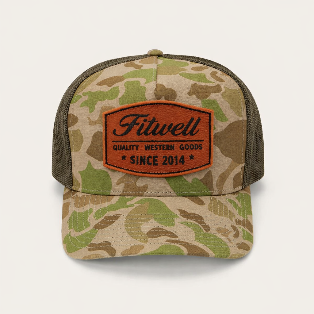 Camo Mesh Trucker Hat with Embossed Leather Patch – Western Outdoor Style