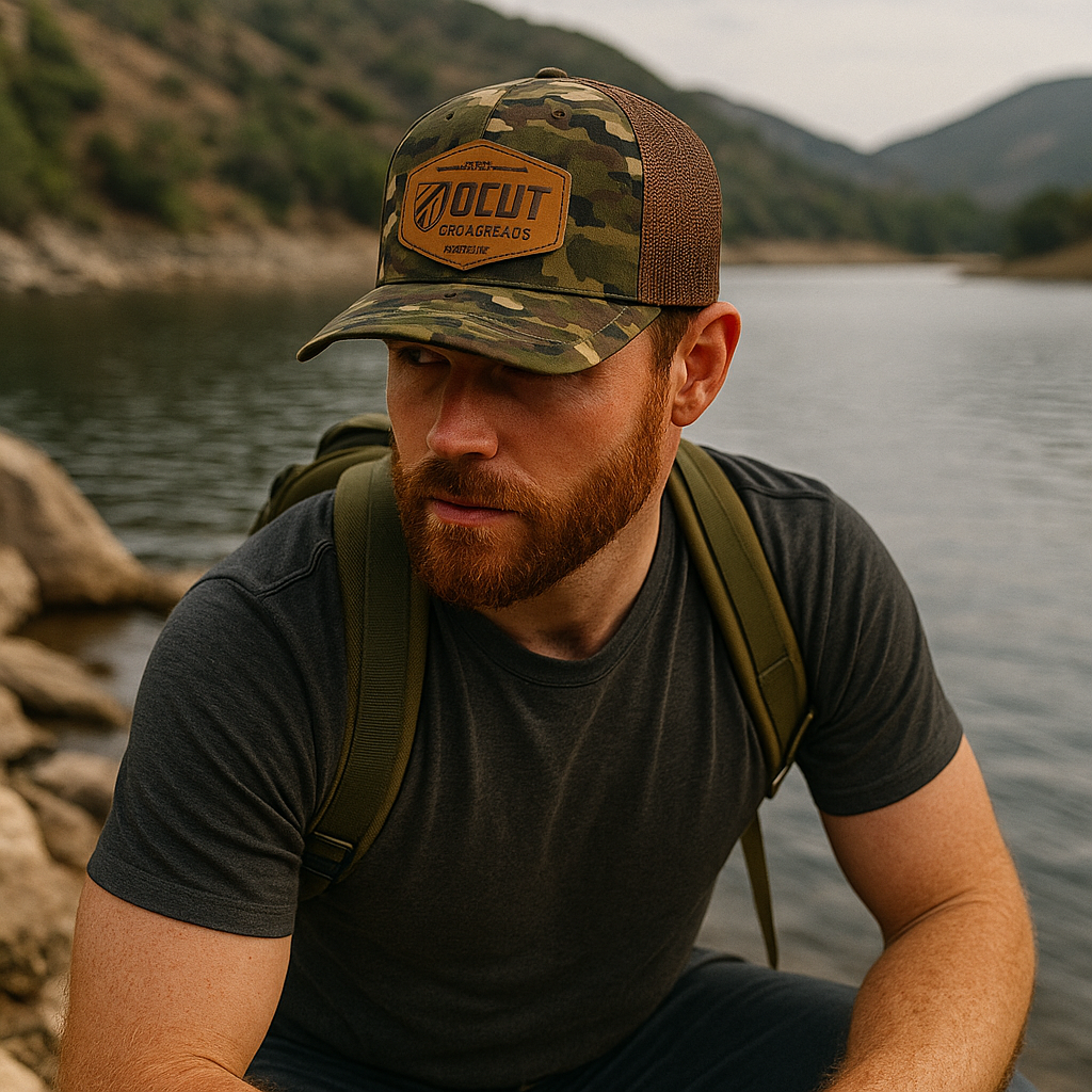 Camo Mesh Trucker Hat with Leather OZCUT Broadheads Patch