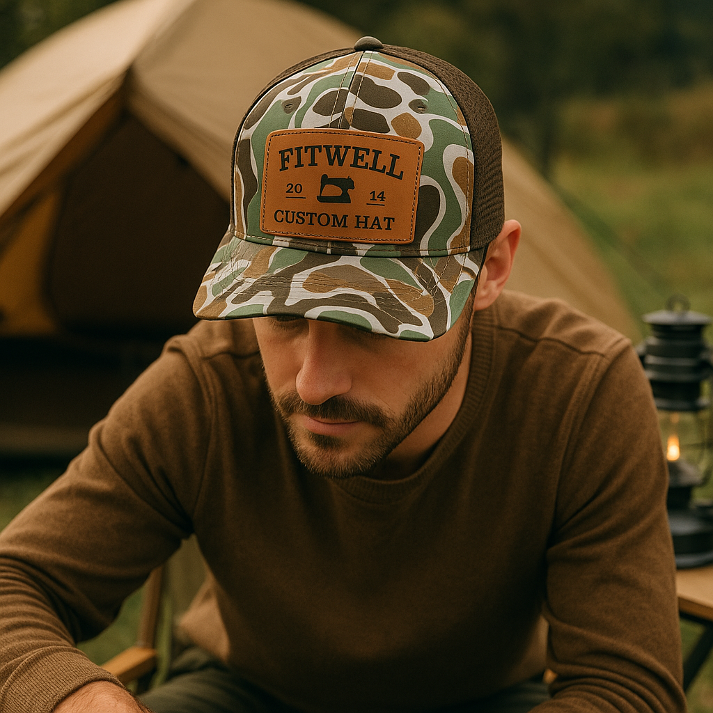 Mud Boat Yacht Club Camo Trucker Hat with Leather Patch