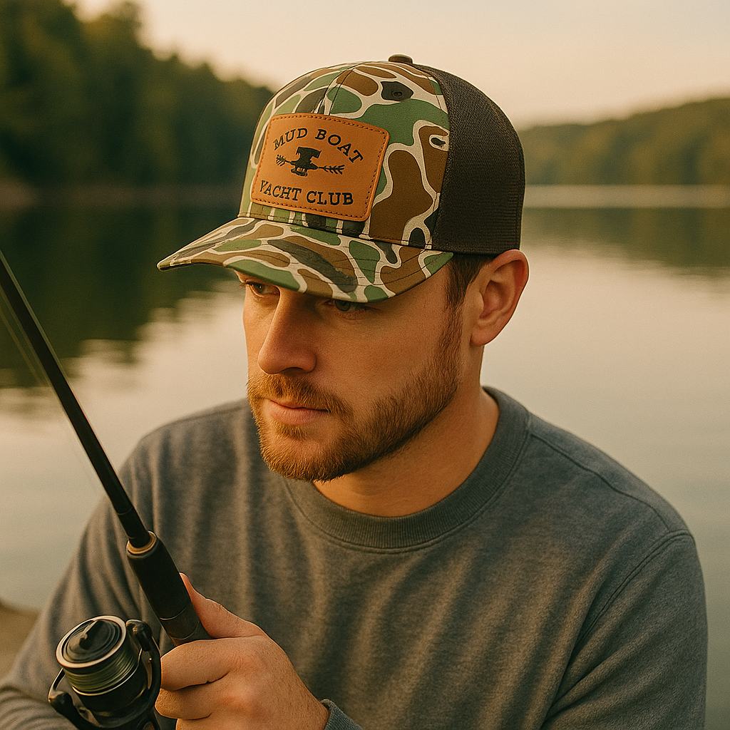 Mud Boat Club Camo Mesh Snapback Cap with Leather Patch