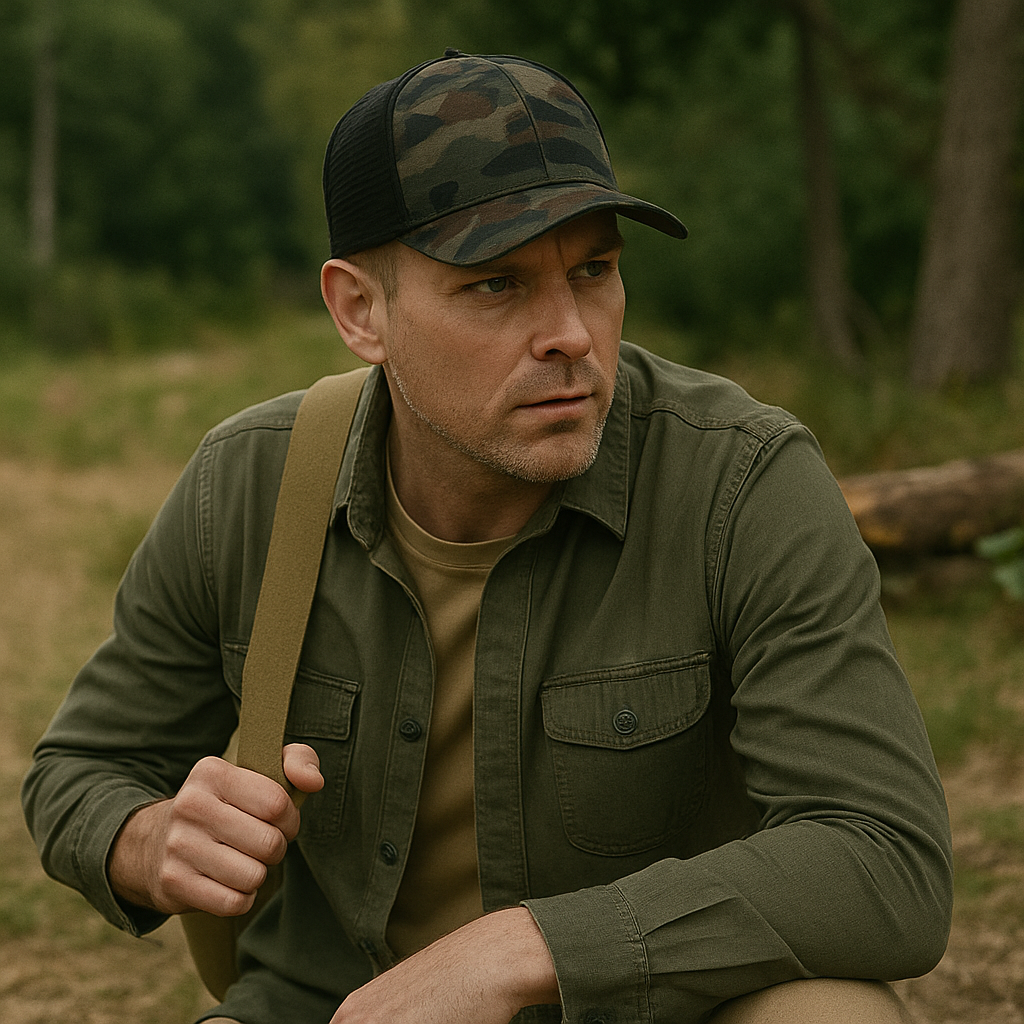 Camo Mesh Back Trucker Hat with Curved Brim and Structured Front