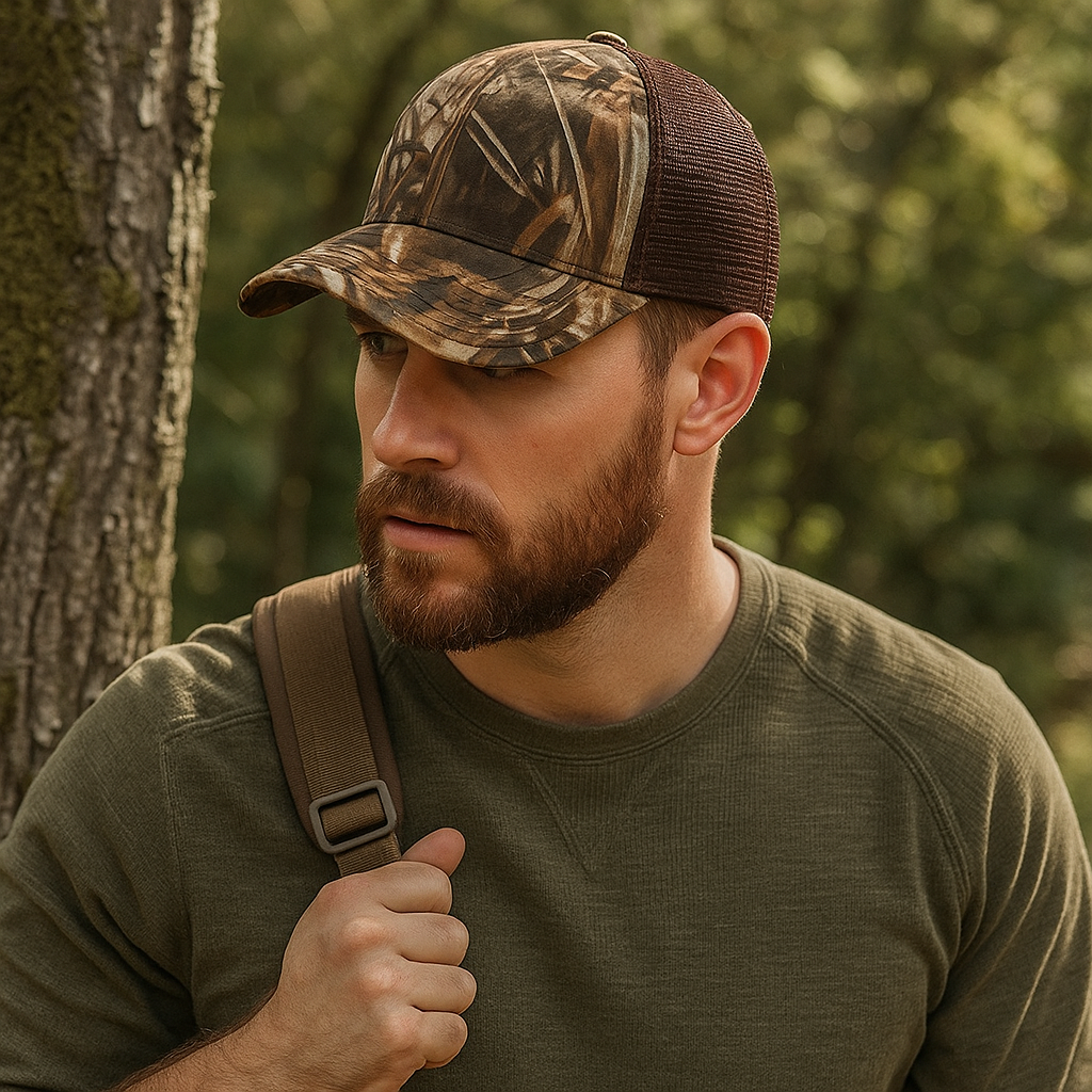 Camo Print Trucker Hat with Mesh Back and Leather Patch