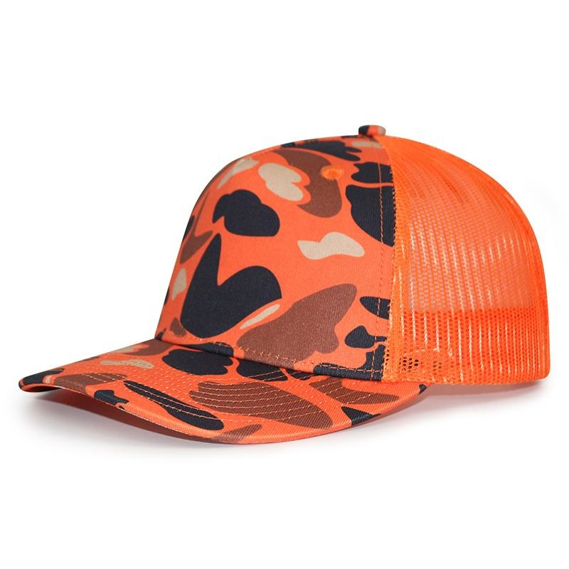 Hi-Vis Orange Camo Mesh Trucker Cap – Adjustable Breathable Snapback Hat