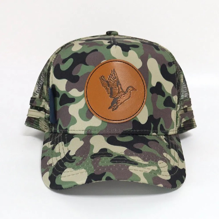 Camo Mesh Trucker Cap with Leather Bird Patch