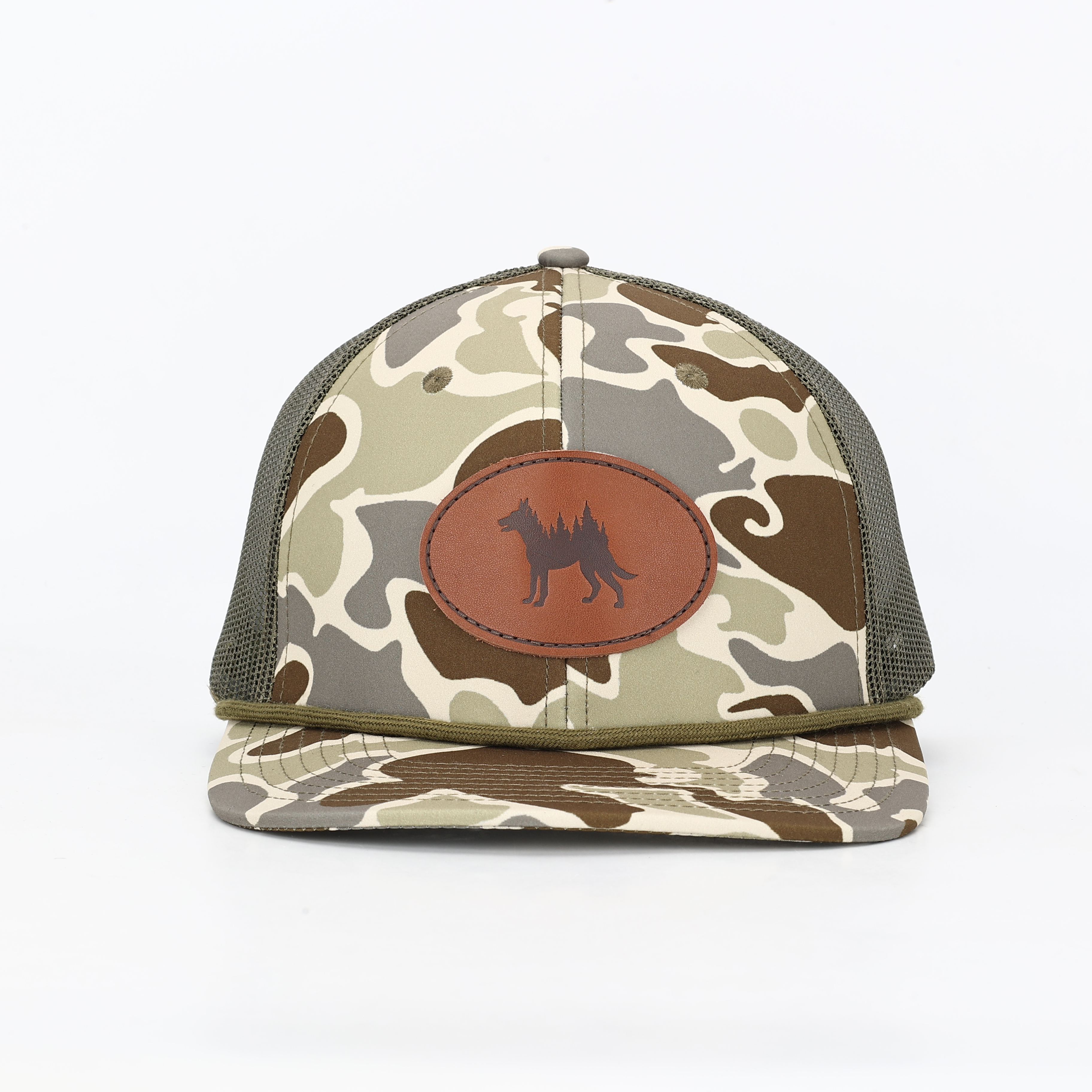 Camo Trucker Cap with Wolf Forest Leather Patch – Outdoor Adventure Hat