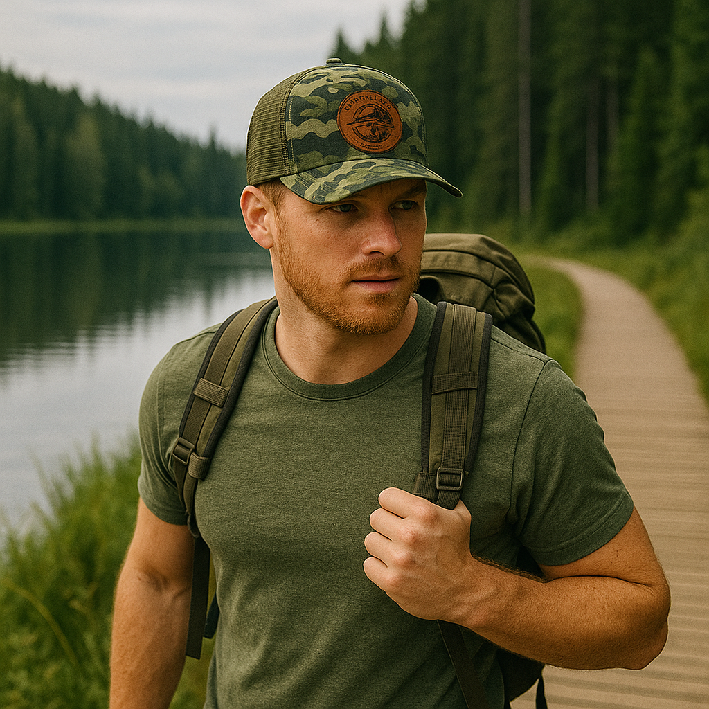 Camo Mesh Trucker Hat with Round Leather Patch - Don’t Bait & Tackle
