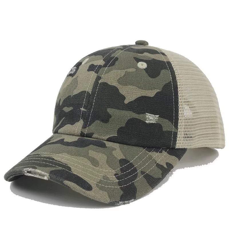 Vintage Camo Distressed Mesh Trucker Cap – Snapback Outdoor Hat