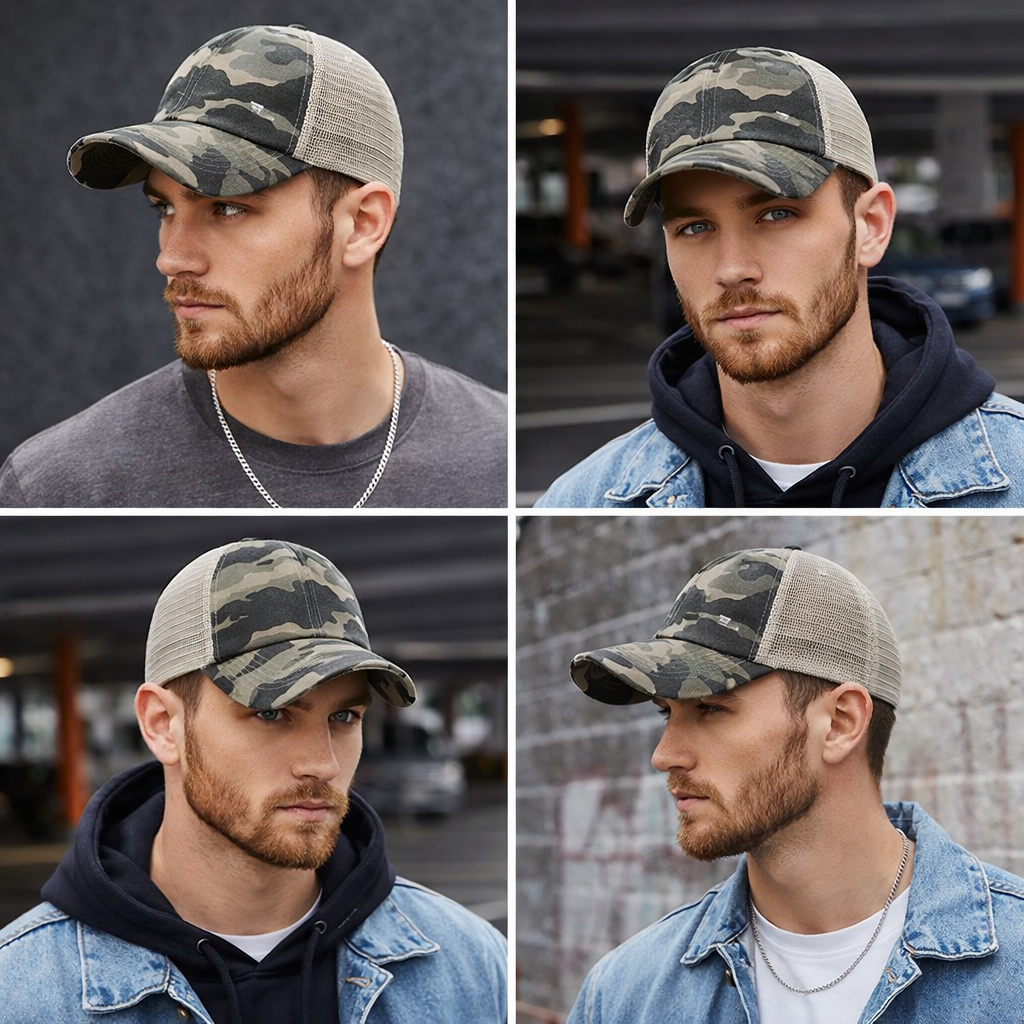 Vintage Camo Distressed Mesh Trucker Cap – Snapback Outdoor Hat