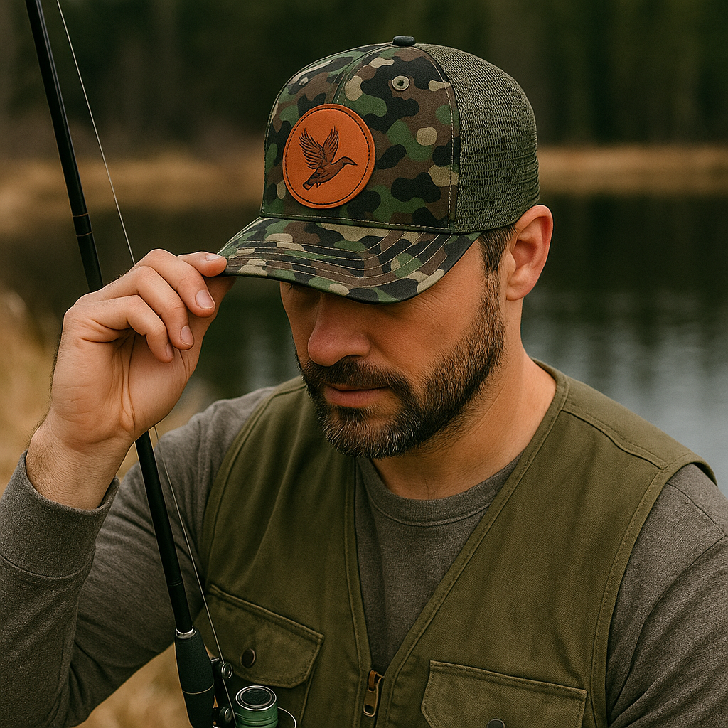 Camo Mesh Trucker Cap with Leather Bird Patch