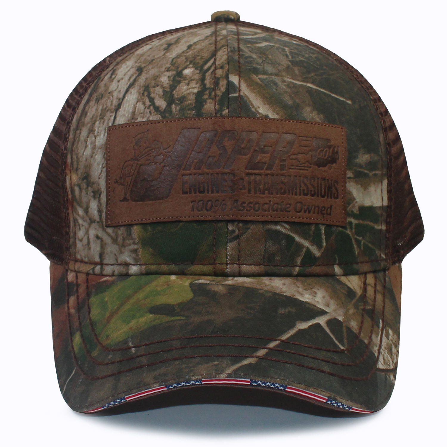 Jasper Logo Camo Mesh Trucker Cap with Brown Leather Patch