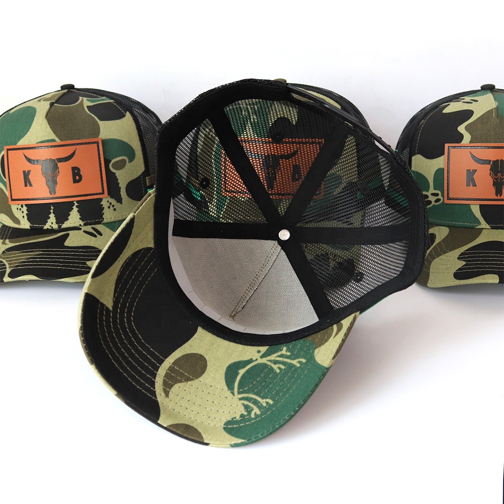 Bull Head Leather Patch Camo Trucker Hat with Mesh Back