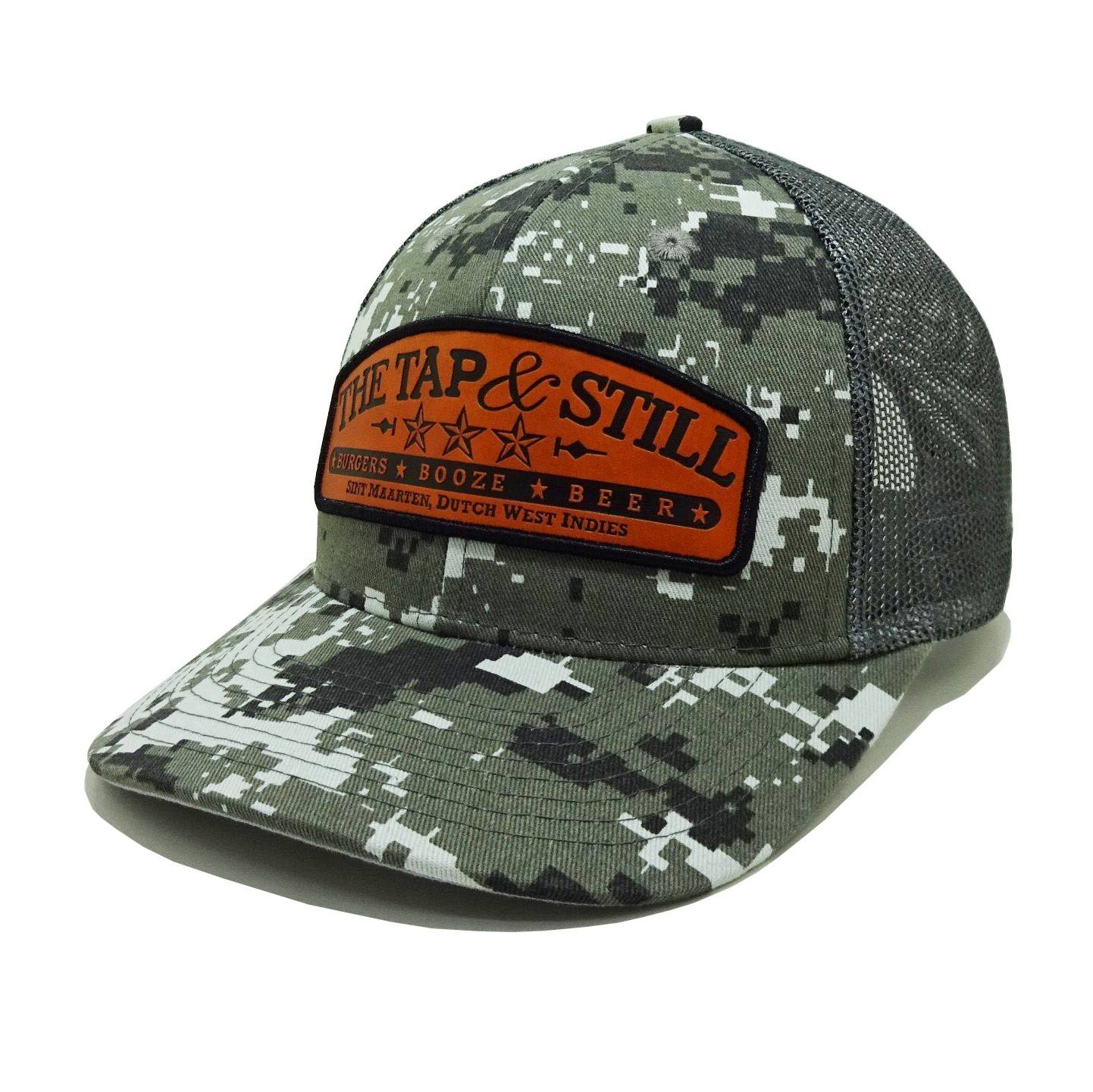 The Tap & Still Camo Trucker Cap with Custom Leather Patch