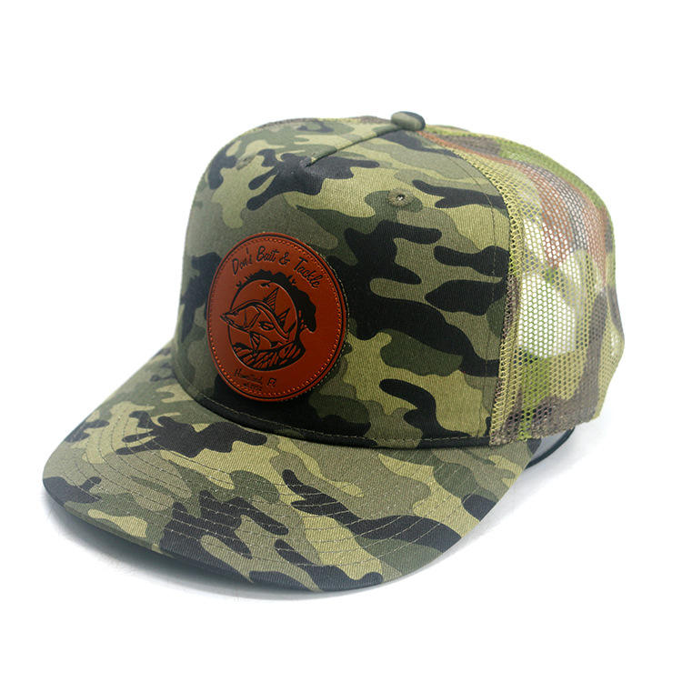 Camo Mesh Trucker Hat with Round Leather Patch - Don’t Bait & Tackle