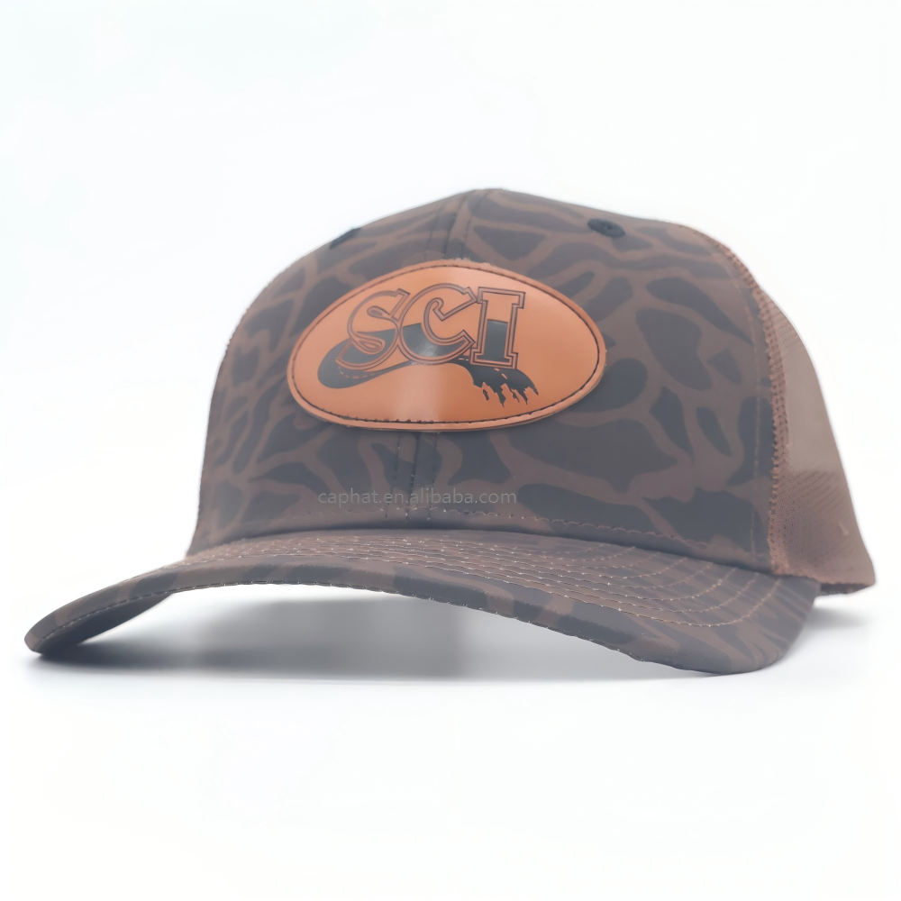 Leopard Camo Trucker Hat with Custom Leather Patch and Mesh Back