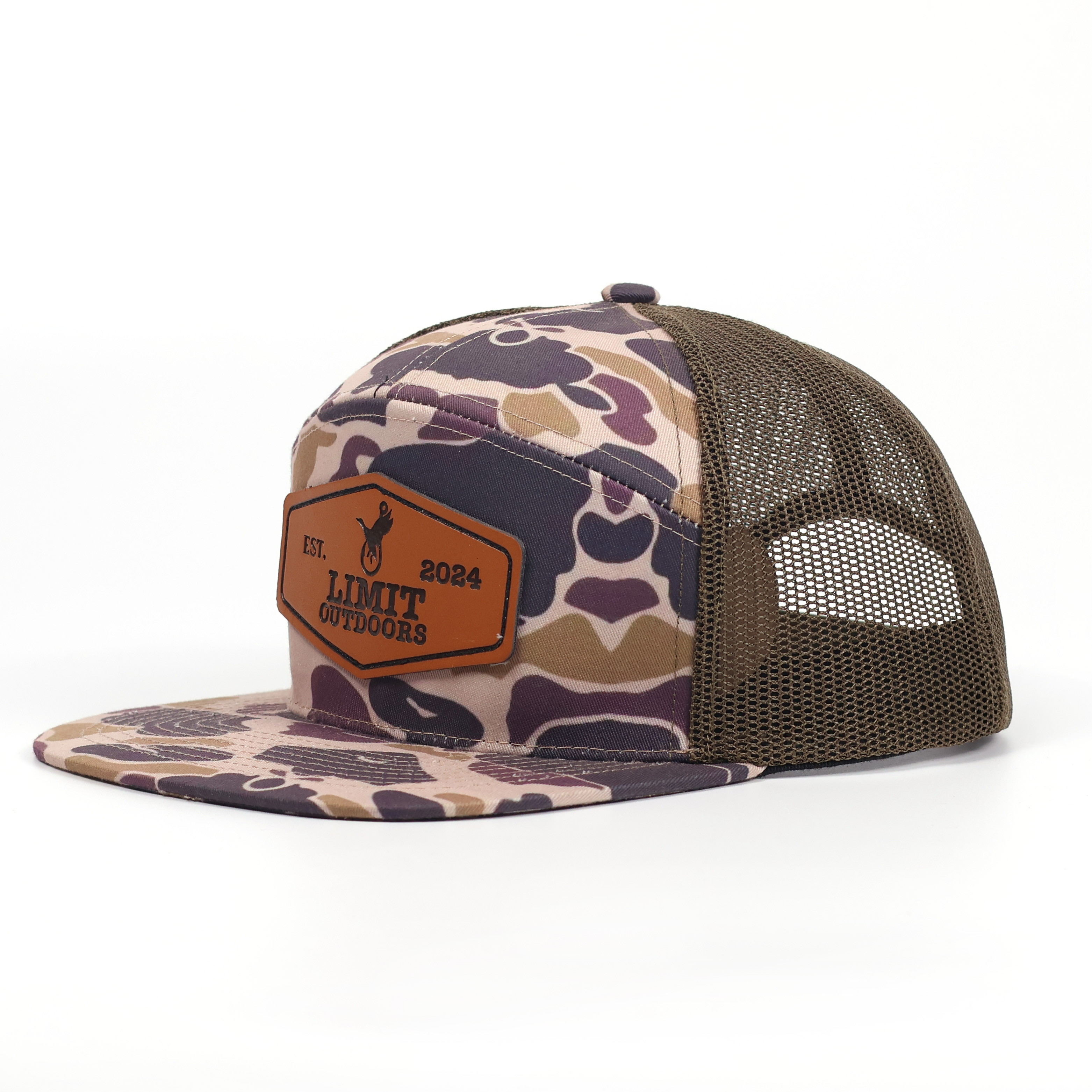 LIMIT OUTDOORS Camo Flat Brim Trucker Cap with Leather Patch – 2024 Edition