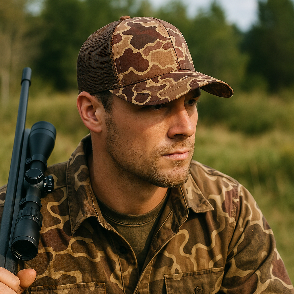 Tactical Mesh Back Camo Trucker Cap with Leather Patch – Breathable Outdoor Hat