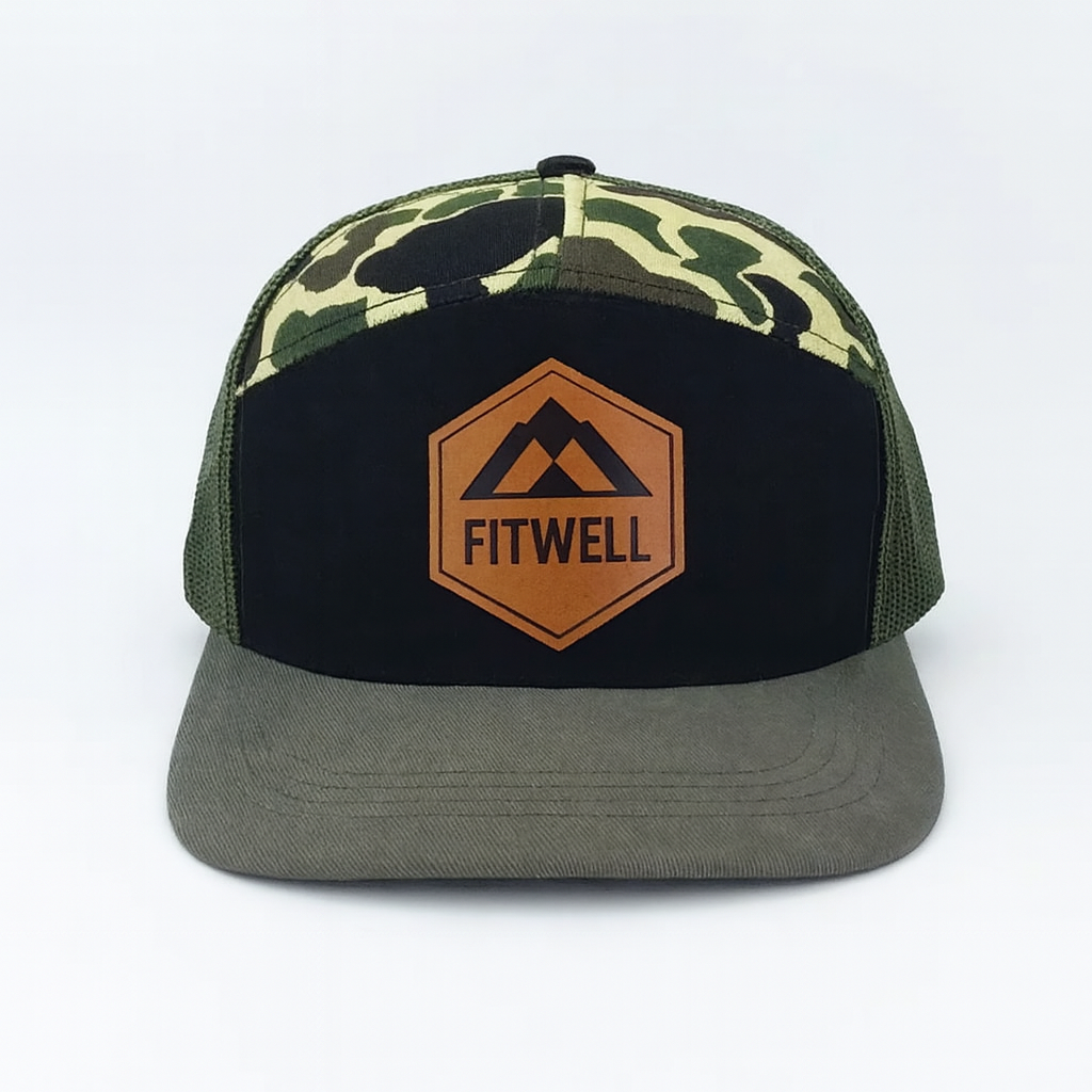 Camo Mesh Trucker Hat with Leather Patch – 7 Panel Custom Cap
