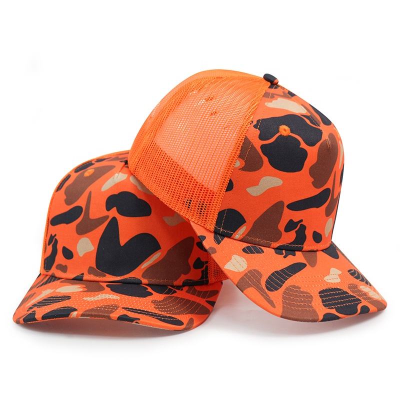 Hi-Vis Orange Camo Mesh Trucker Cap – Adjustable Breathable Snapback Hat