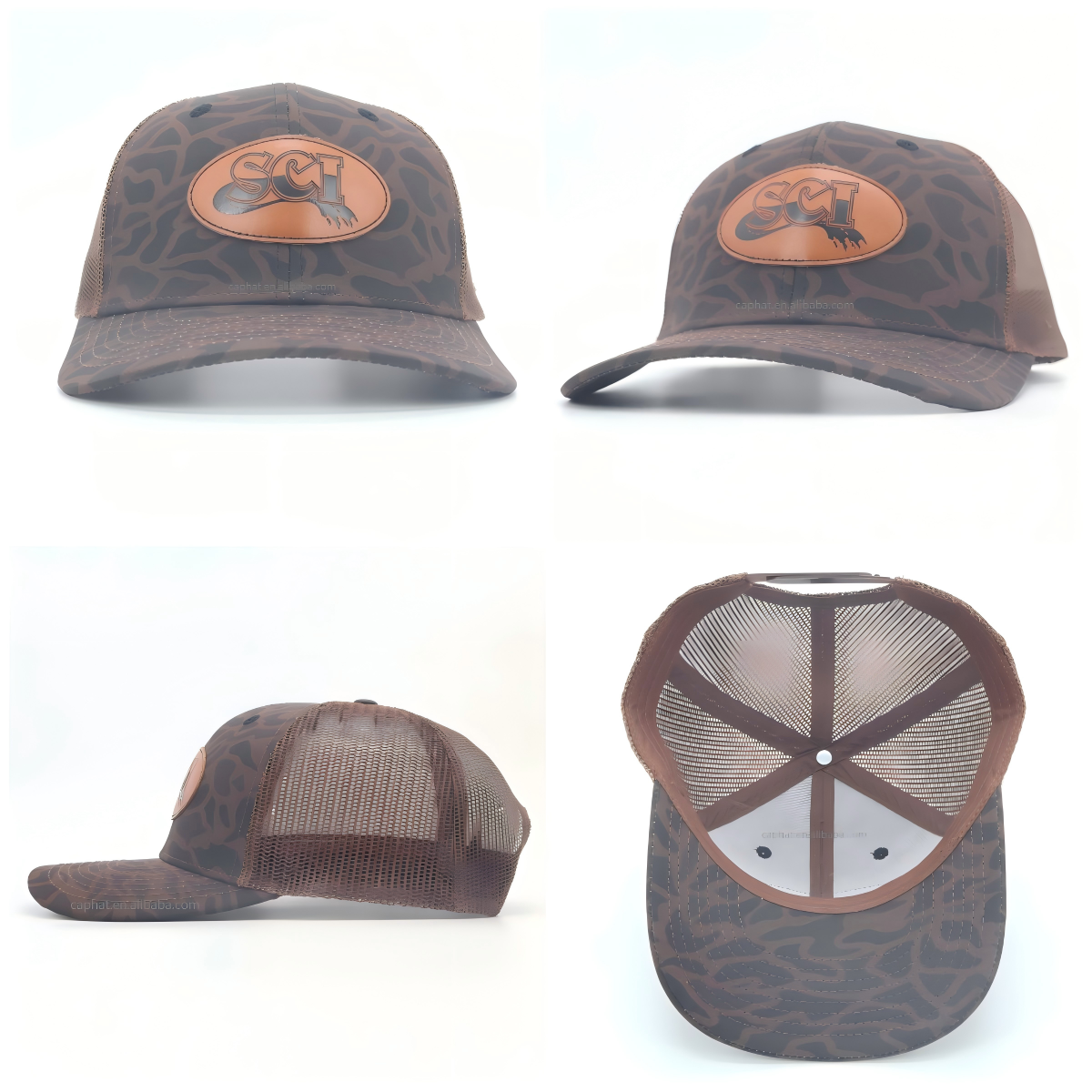 Leopard Camo Trucker Hat with Custom Leather Patch and Mesh Back