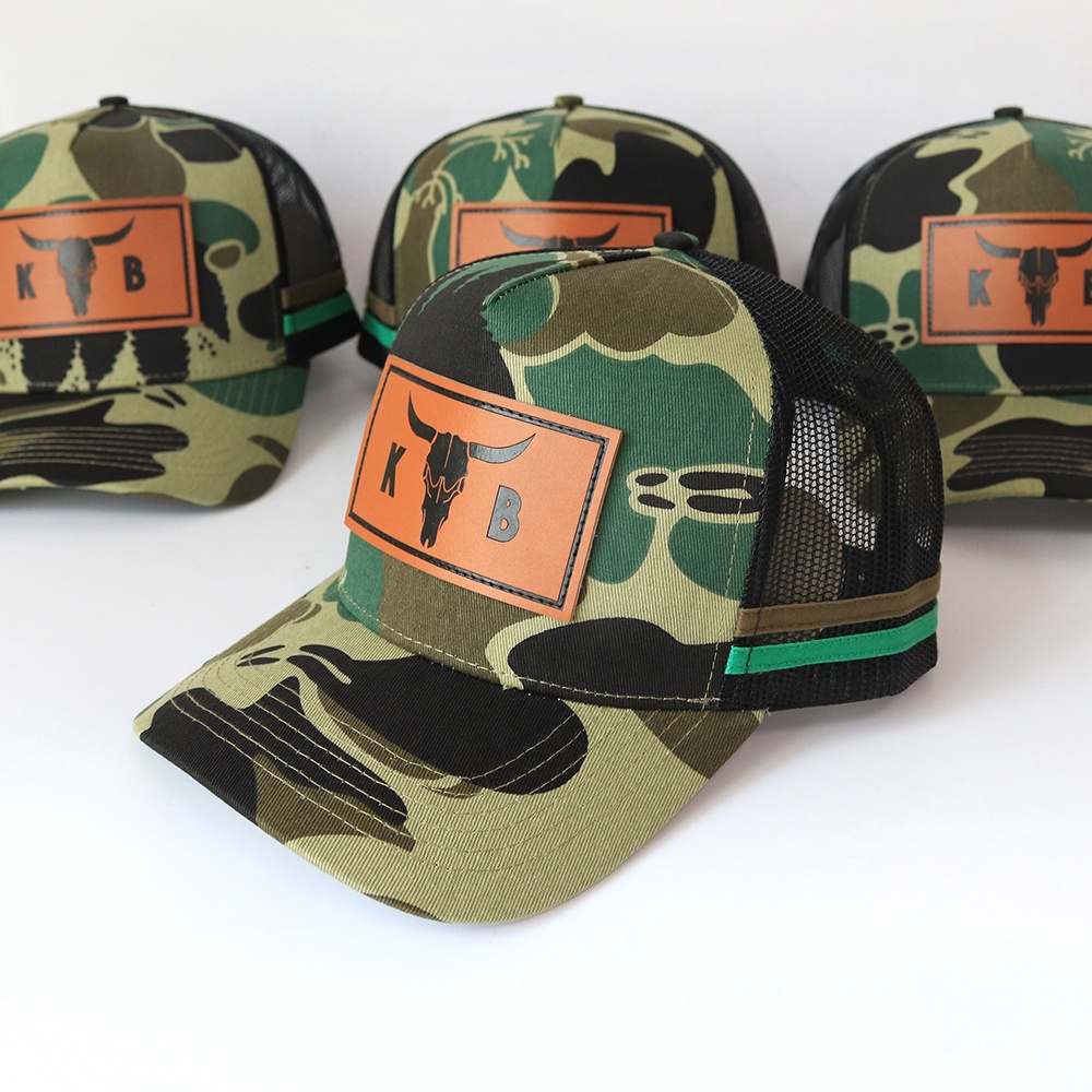 Bull Head Leather Patch Camo Trucker Hat with Mesh Back