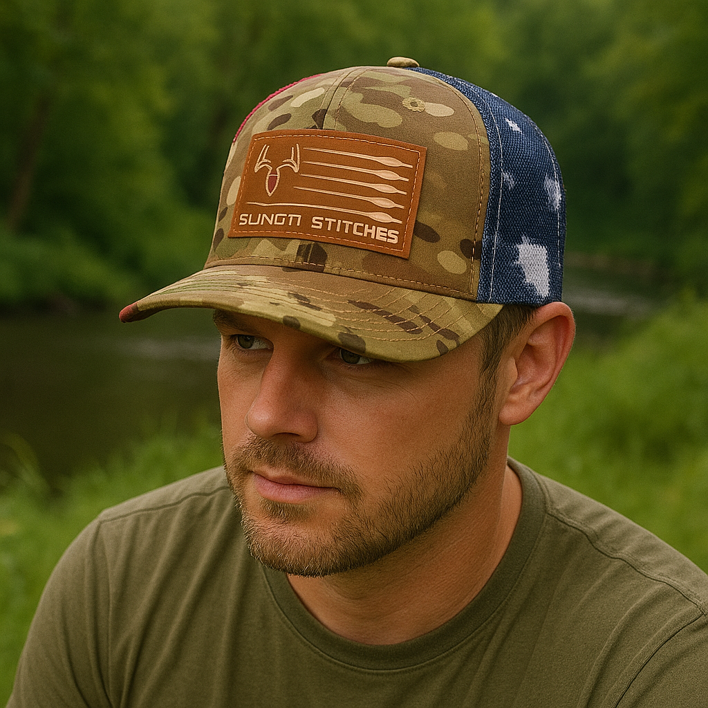 Sling'n Stitches Patriotic Camo Mesh Trucker Hat with Leather Patch