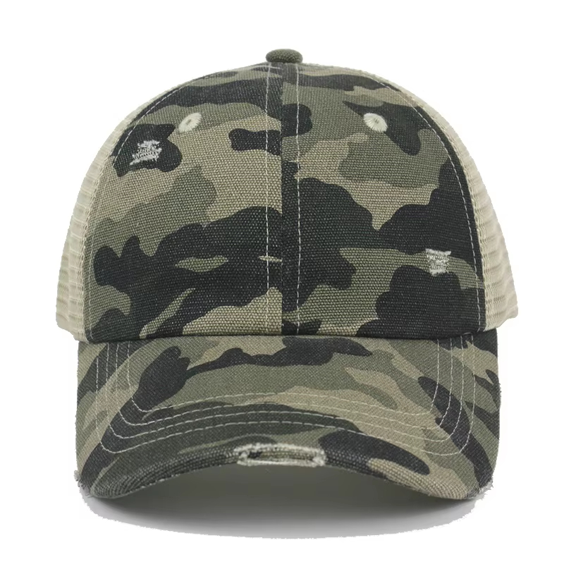 Vintage Camo Distressed Mesh Trucker Cap – Snapback Outdoor Hat