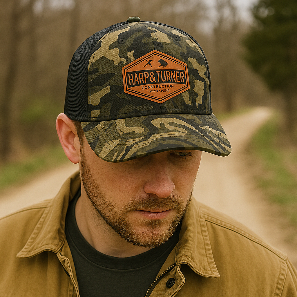 Camouflage Trucker Cap with Leather Patch Logo – Harp & Turner