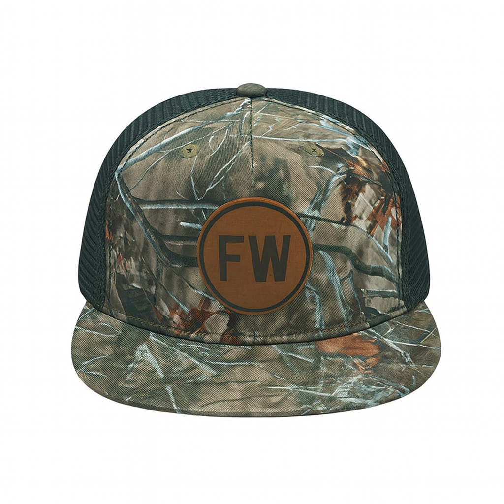 Camo Mesh Trucker Hat with Leather Patch and Flat Brim