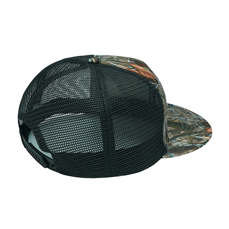 Camo Mesh Trucker Hat with Leather Patch and Flat Brim