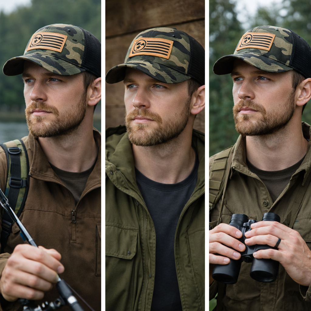 Camo Mesh Trucker Hat with Leather Flag Patch – Outdoor Adventure Cap