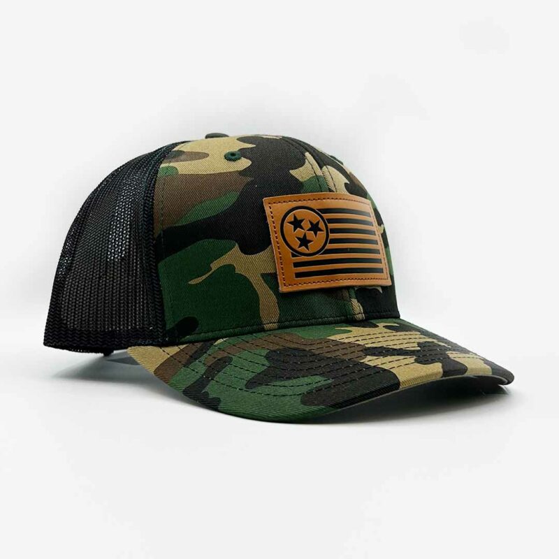 Camo Mesh Trucker Hat with Leather Flag Patch – Outdoor Adventure Cap