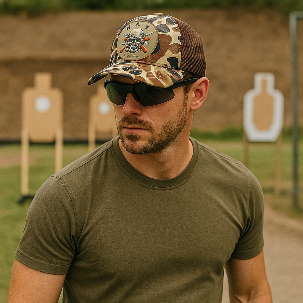 Multicolor Camo Trucker Hat with Round Leather Patch – Outdoor Hunting Cap